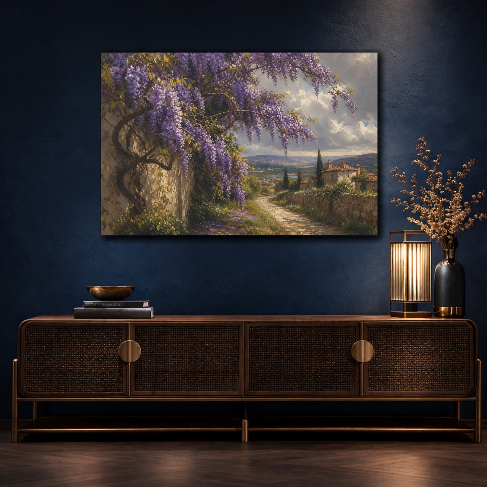 Mockup 4. Nature Wisteria Purple Wisteria shown as stretched canvas wall art