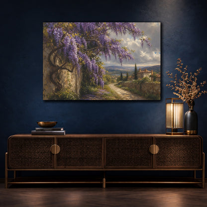 Mockup 4. Nature Wisteria Purple Wisteria shown as stretched canvas wall art
