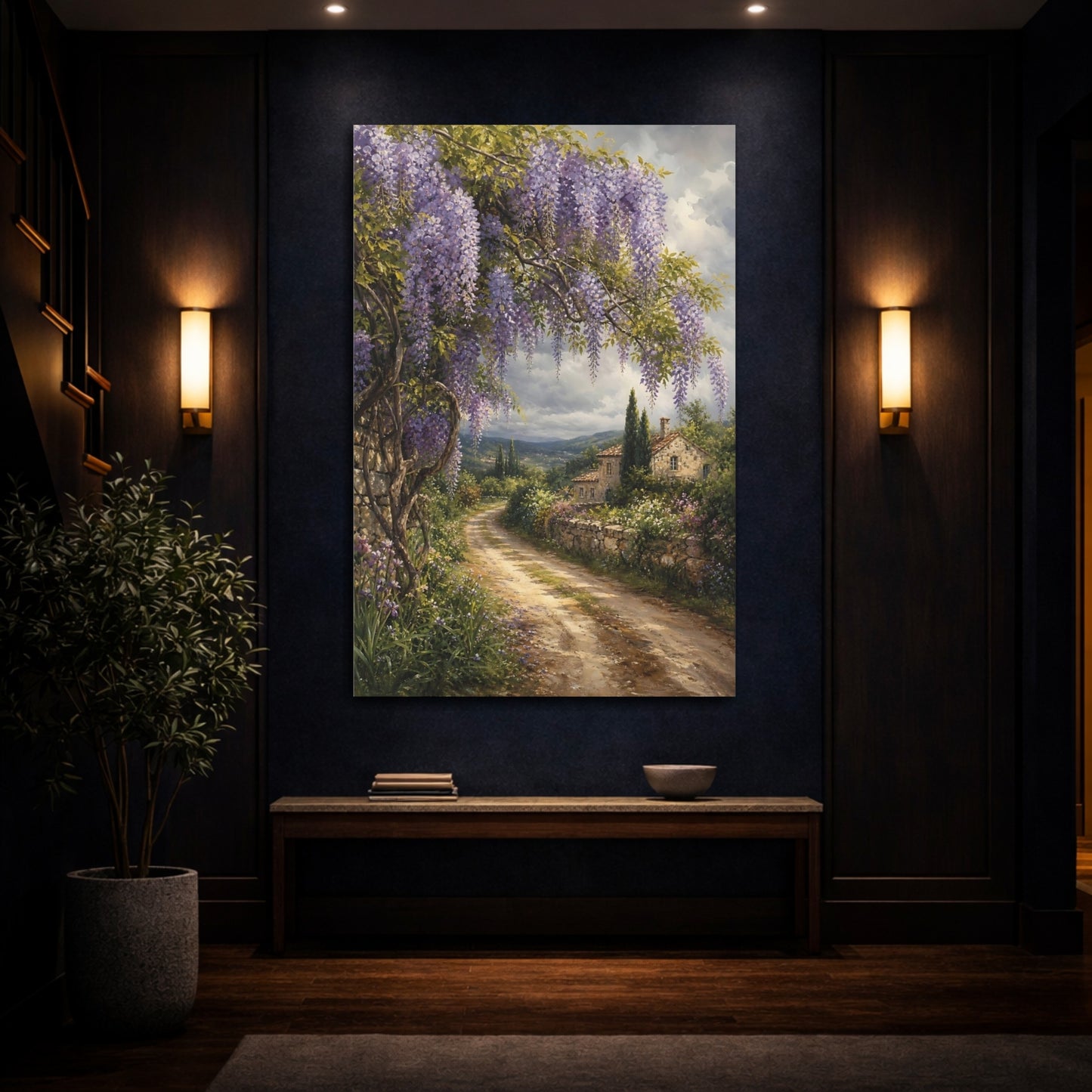 Mockup 4. Nature Wisteria Purple Wisteria shown as stretched canvas wall art