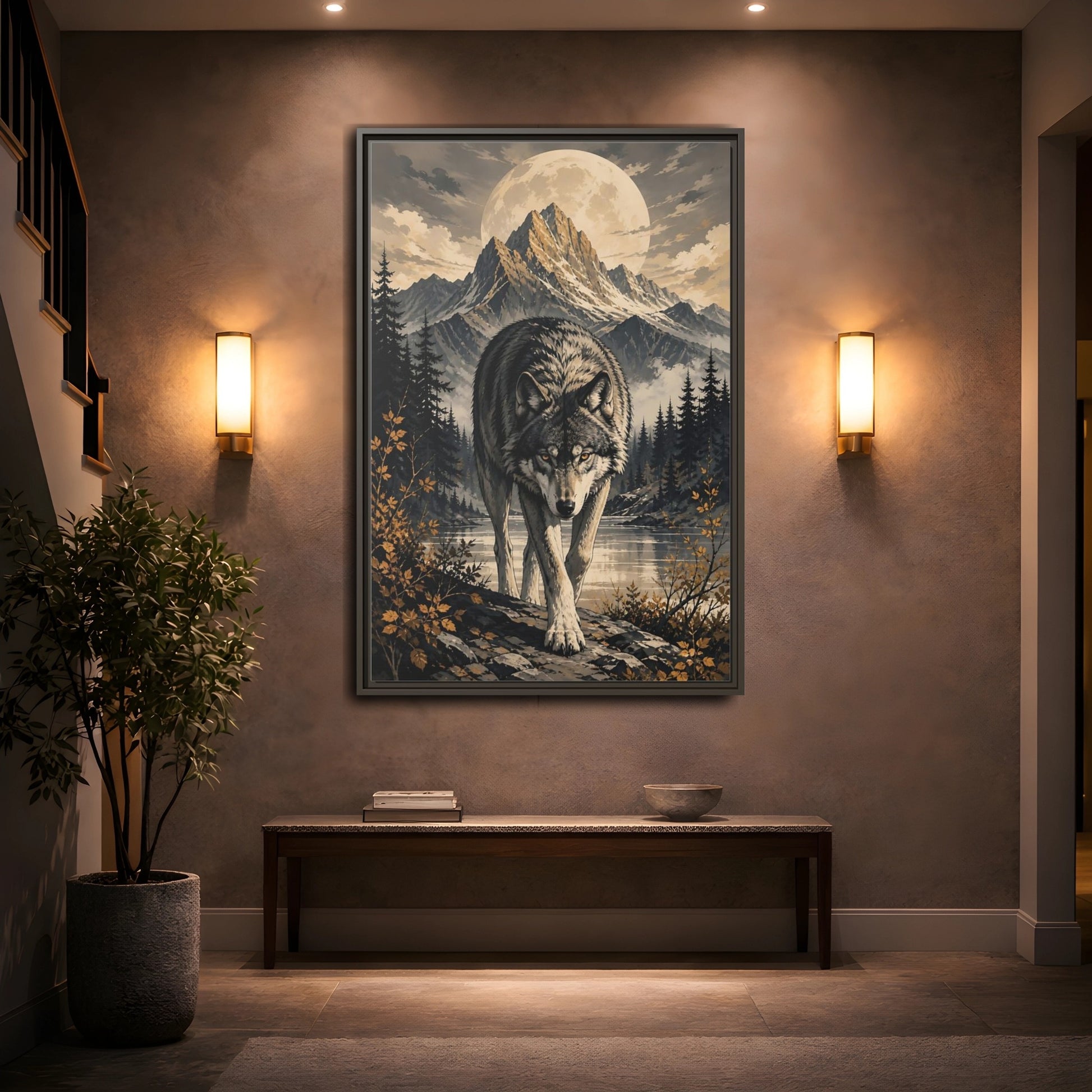 Nature Wolf Gray Art Framed Canvas Wall Print Framed Canvas Wall Art shown as canvas wall art