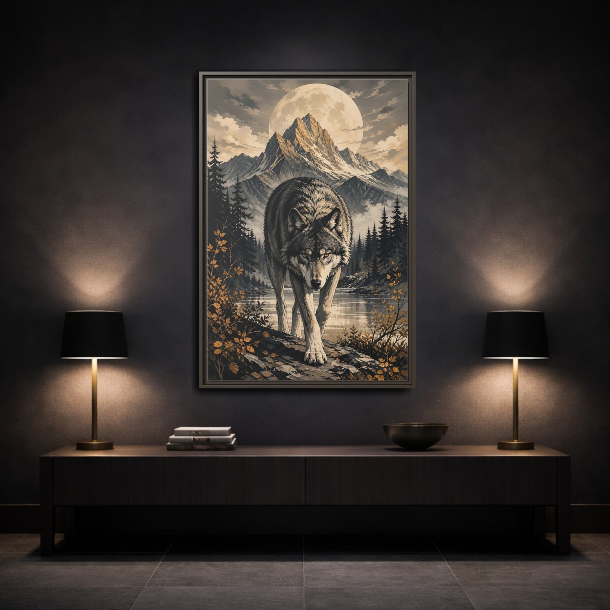 Nature Wolf Gray Art Framed Canvas Wall Print Framed Canvas Wall Art shown as canvas wall art