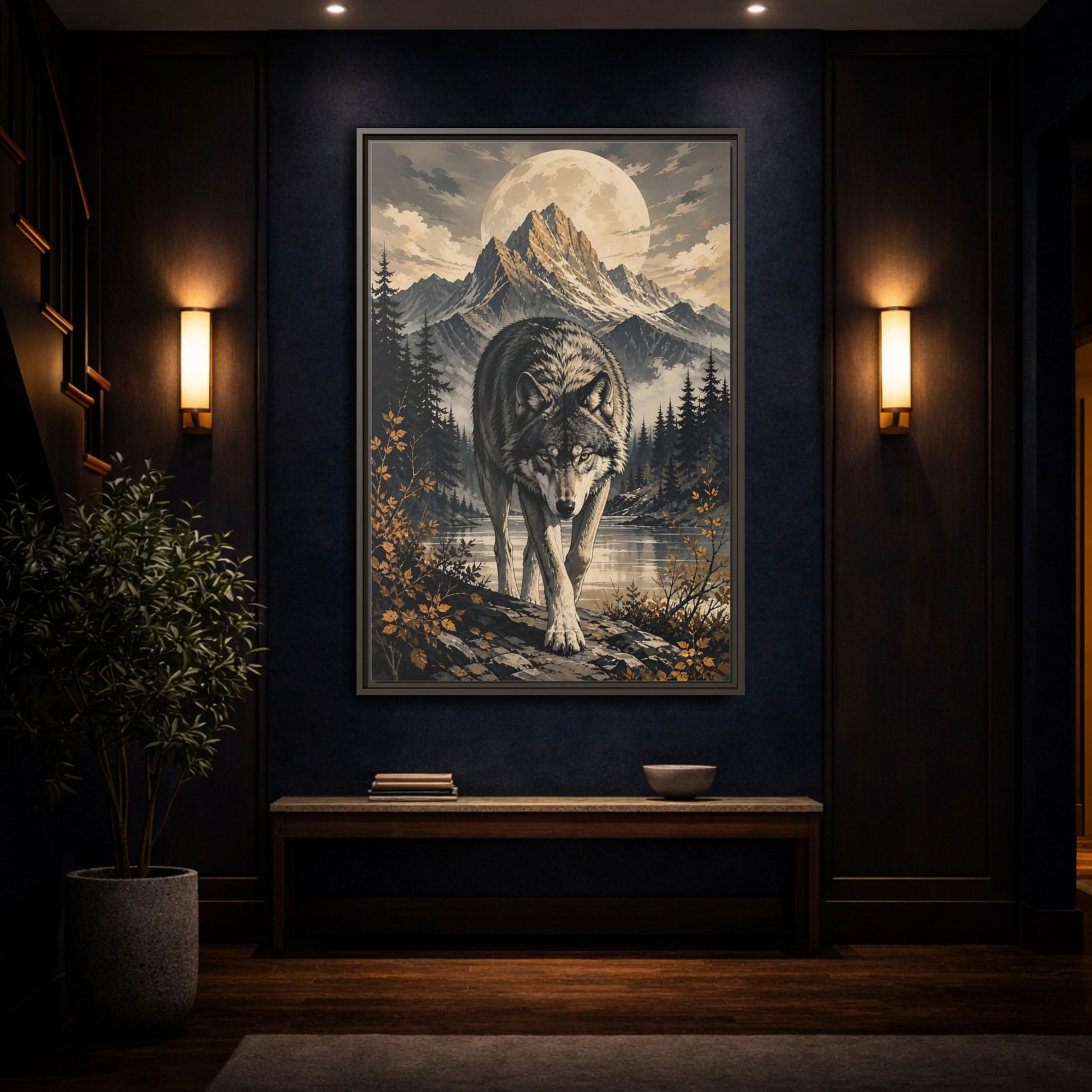 Nature Wolf Gray Art Framed Canvas Wall Print Framed Canvas Wall Art shown as canvas wall art