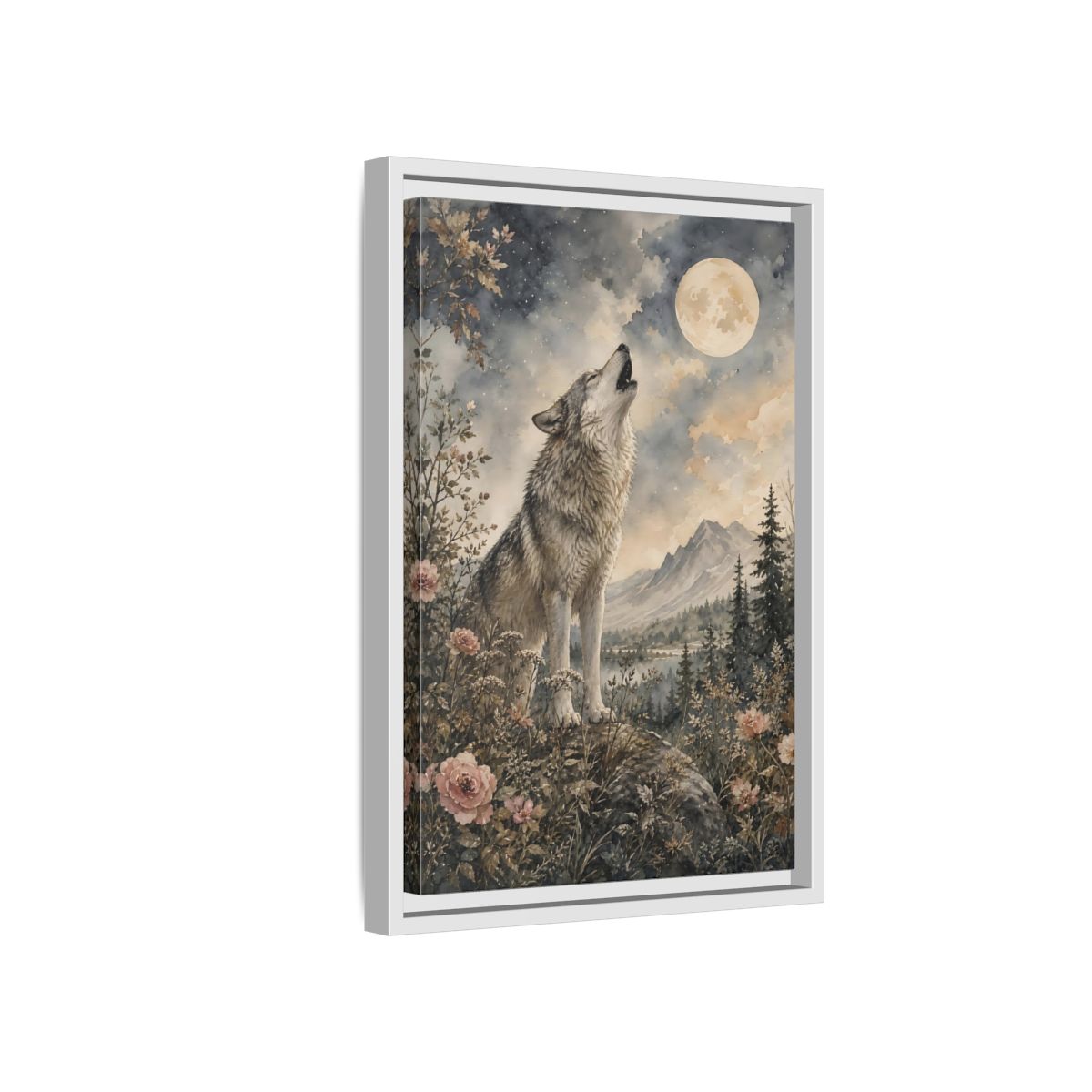 Side Mockup 4. Nature Wolf Howling Gray Brown Wolf shown as stretched canvas wall art