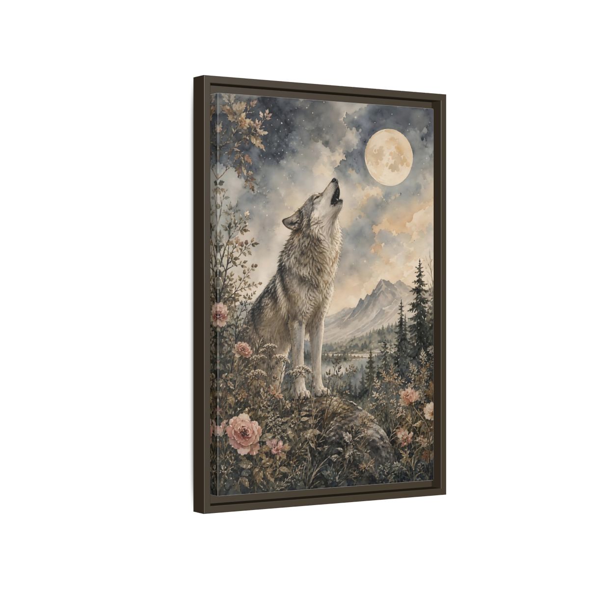 Side Mockup 2. Nature Wolf Howling Gray Brown Wolf shown as stretched canvas wall art