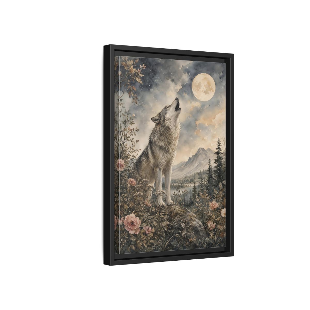 Side Mockup 6. Nature Wolf Howling Gray Brown Wolf shown as stretched canvas wall art