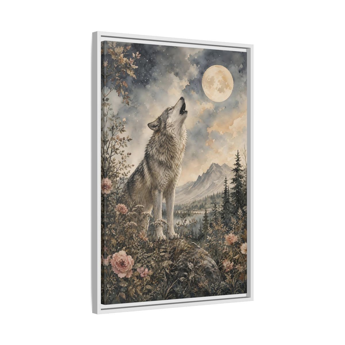Side Mockup 10. Nature Wolf Howling Gray Brown Wolf shown as stretched canvas wall art