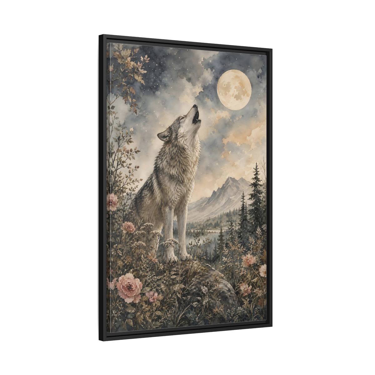 Side Mockup 13. Nature Wolf Howling Gray Brown Wolf shown as stretched canvas wall art