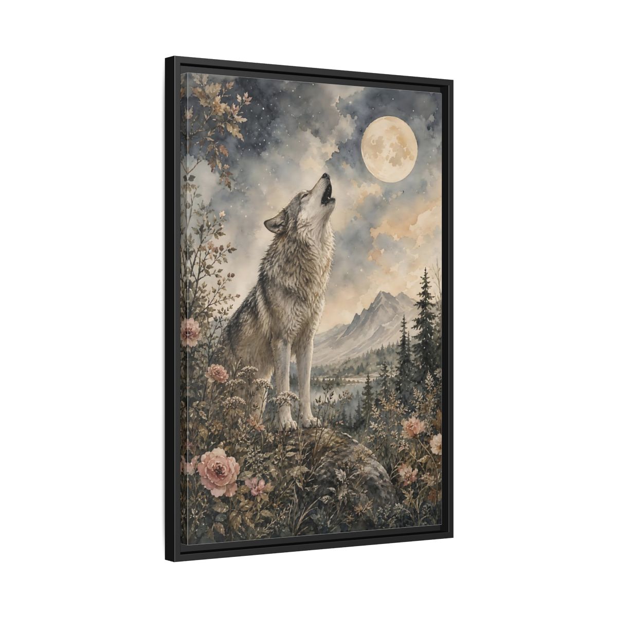 Side Mockup 14. Nature Wolf Howling Gray Brown Wolf shown as stretched canvas wall art
