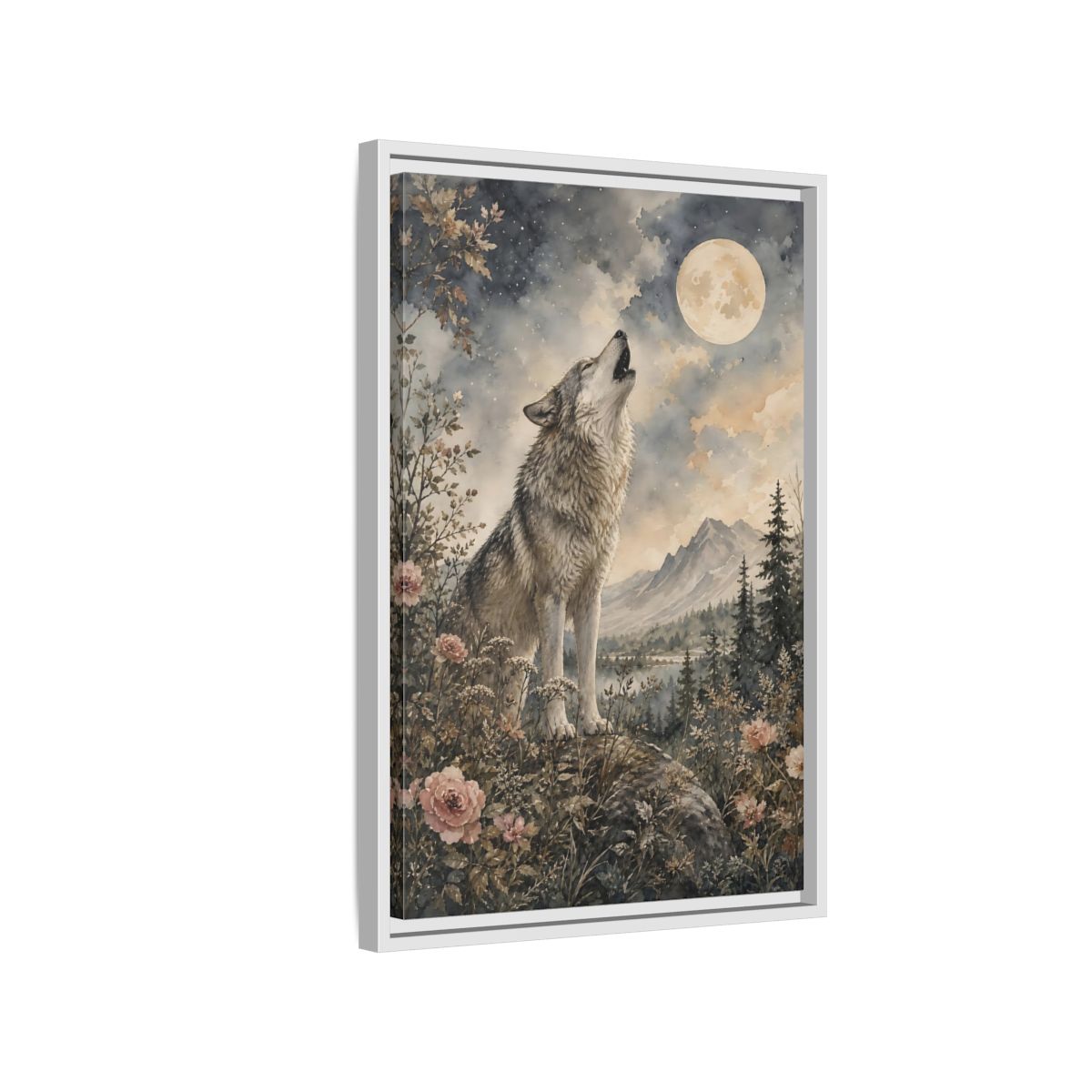 Side Mockup 1. Nature Wolf Howling Gray Brown Wolf shown as stretched canvas wall art