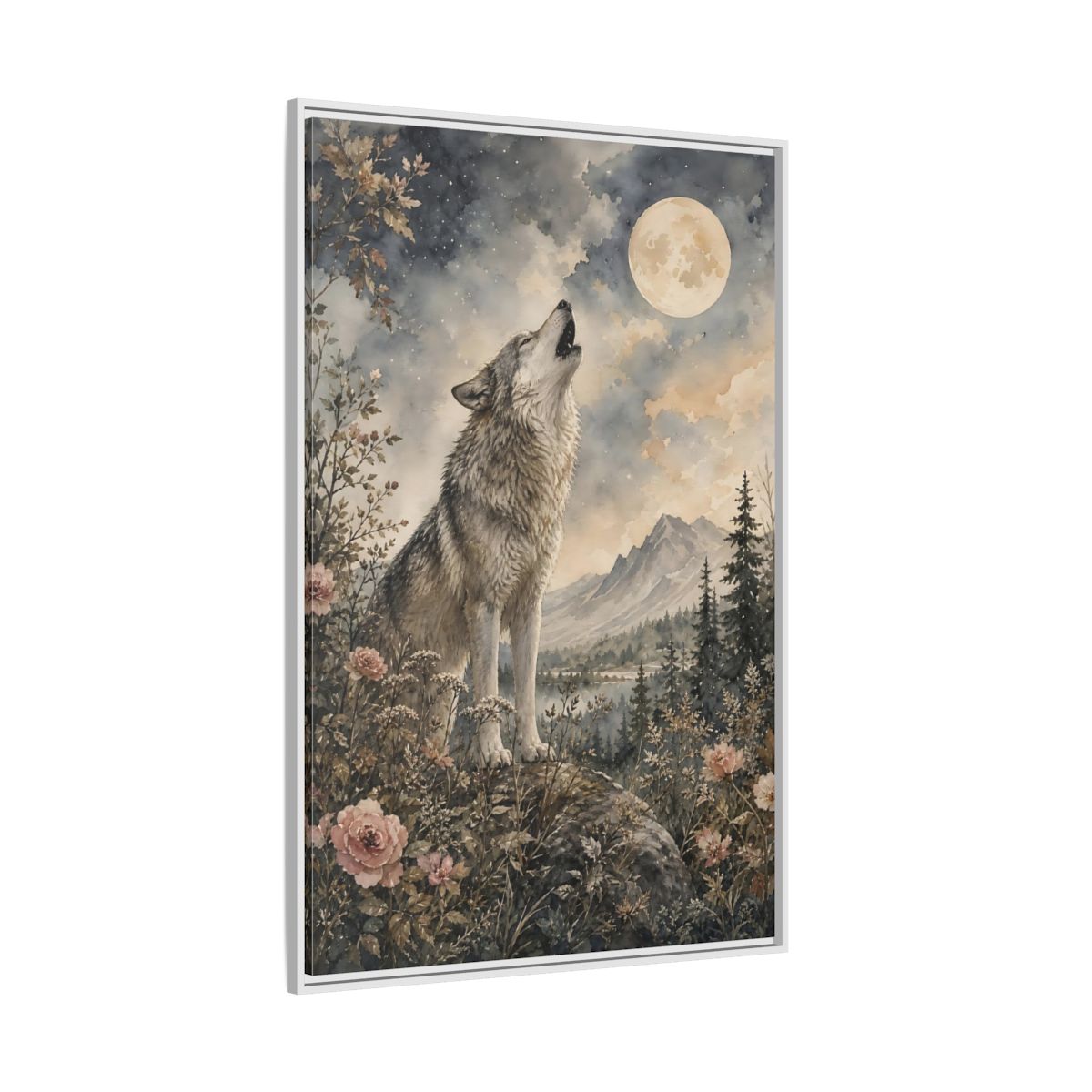Side Mockup 7. Nature Wolf Howling Gray Brown Wolf shown as stretched canvas wall art