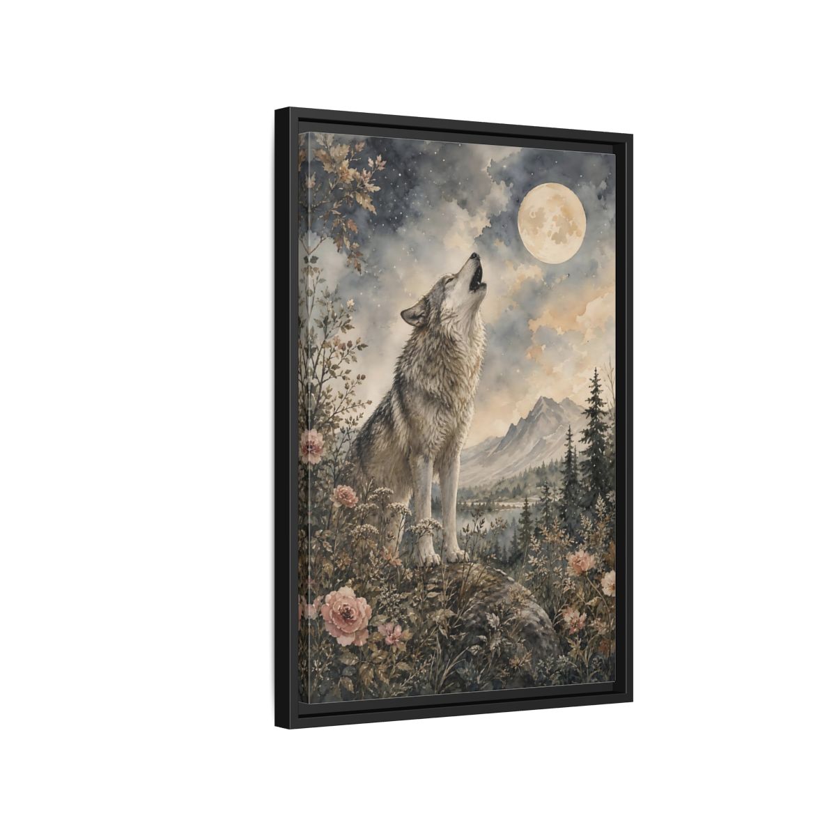 Side Mockup 3. Nature Wolf Howling Gray Brown Wolf shown as stretched canvas wall art