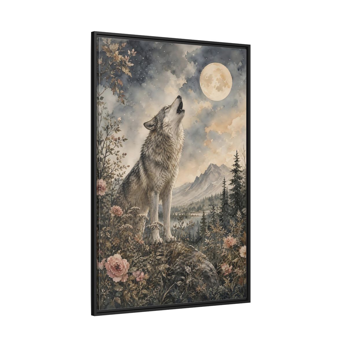 Side Mockup 12. Nature Wolf Howling Gray Brown Wolf shown as stretched canvas wall art
