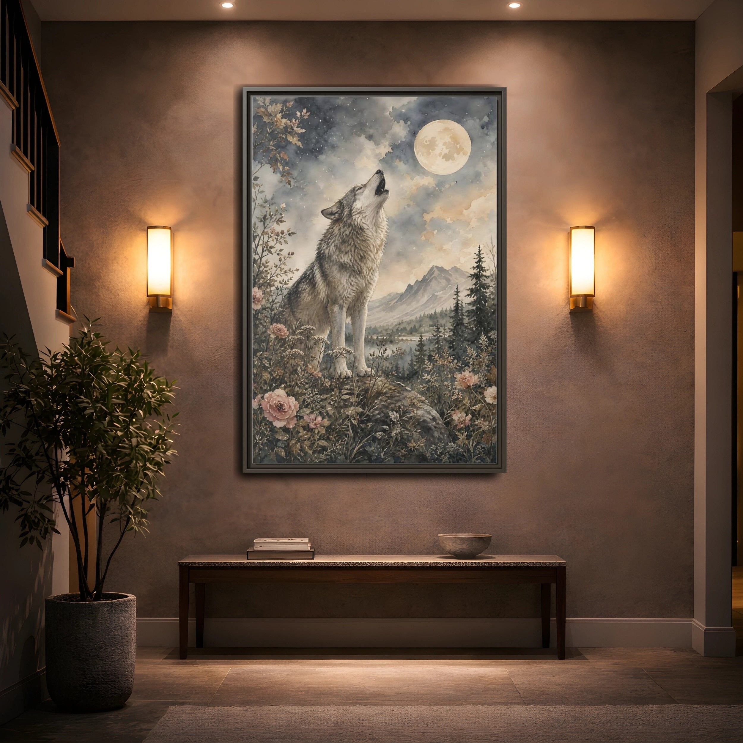 Mockup 2. Nature Wolf Howling Gray Brown Wolf shown as stretched canvas wall art