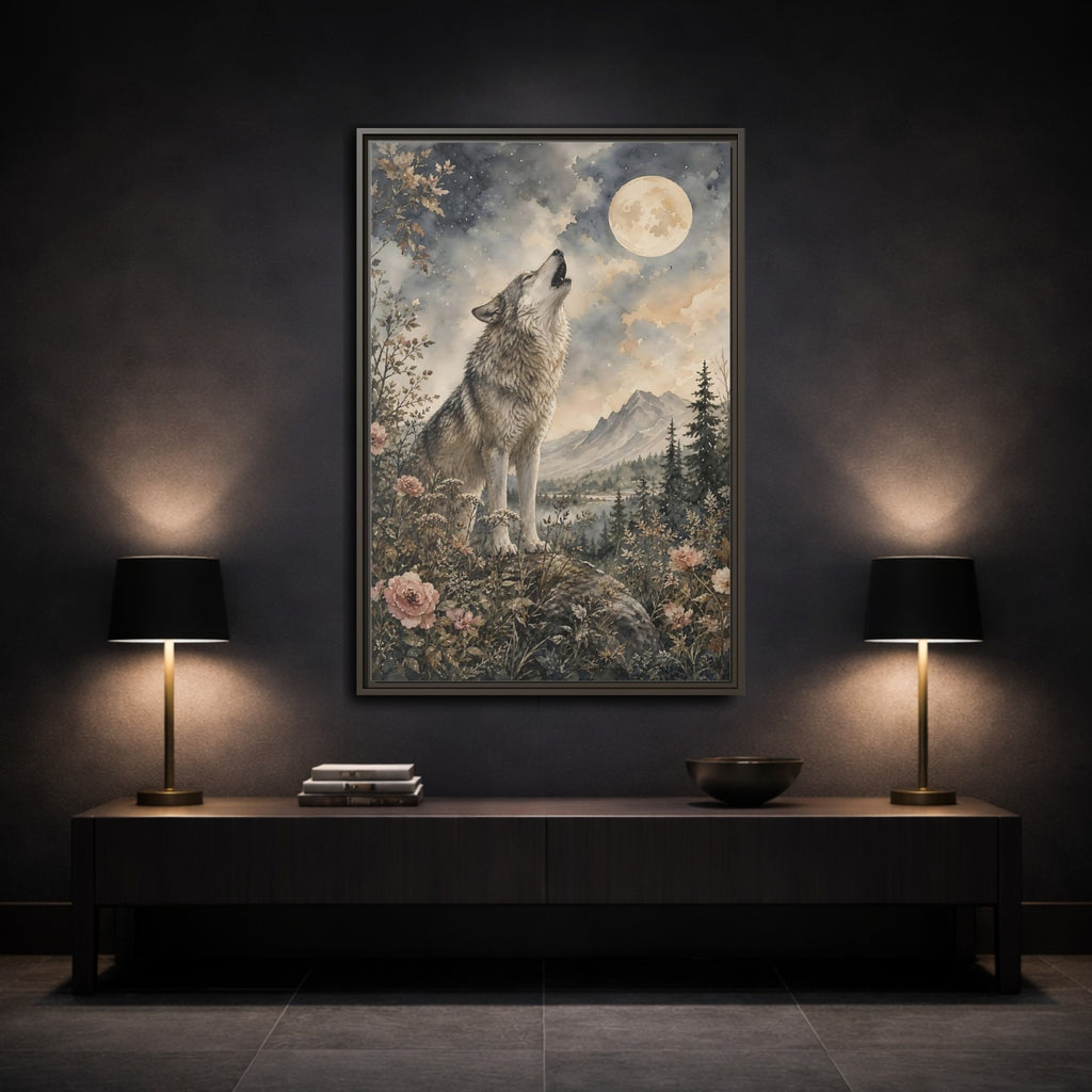 Mockup 3. Nature Wolf Howling Gray Brown Wolf shown as stretched canvas wall art
