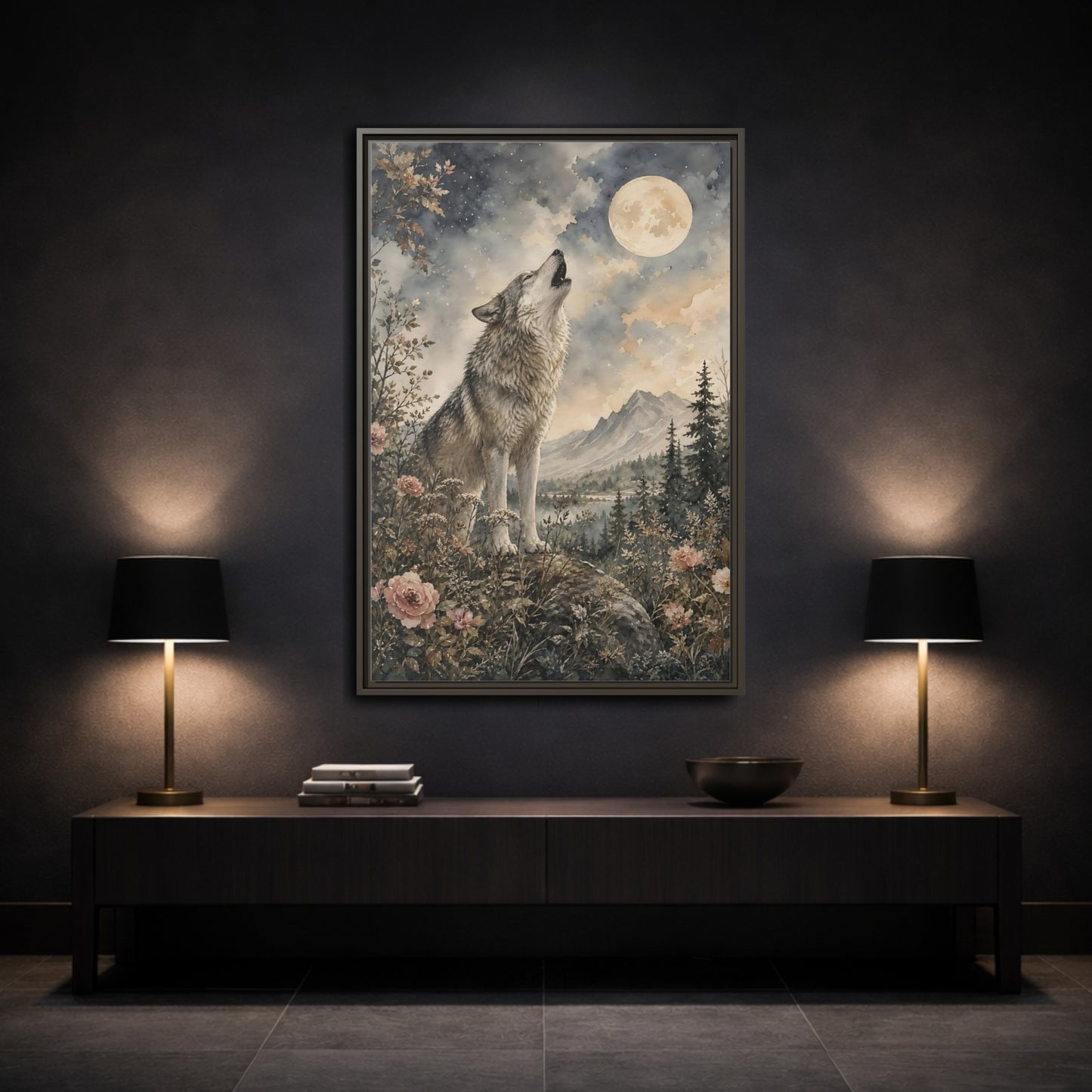 Mockup 3. Nature Wolf Howling Gray Brown Wolf shown as stretched canvas wall art