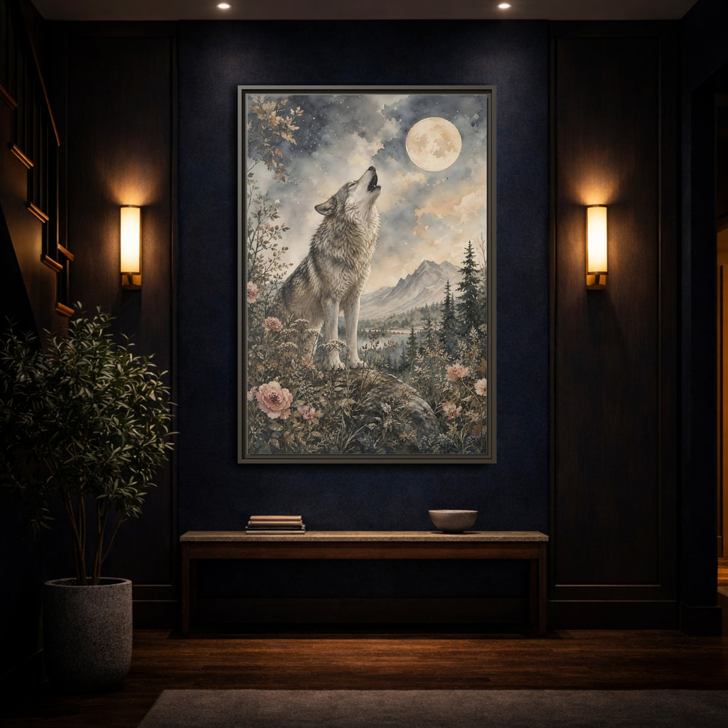 Mockup 4. Nature Wolf Howling Gray Brown Wolf shown as stretched canvas wall art