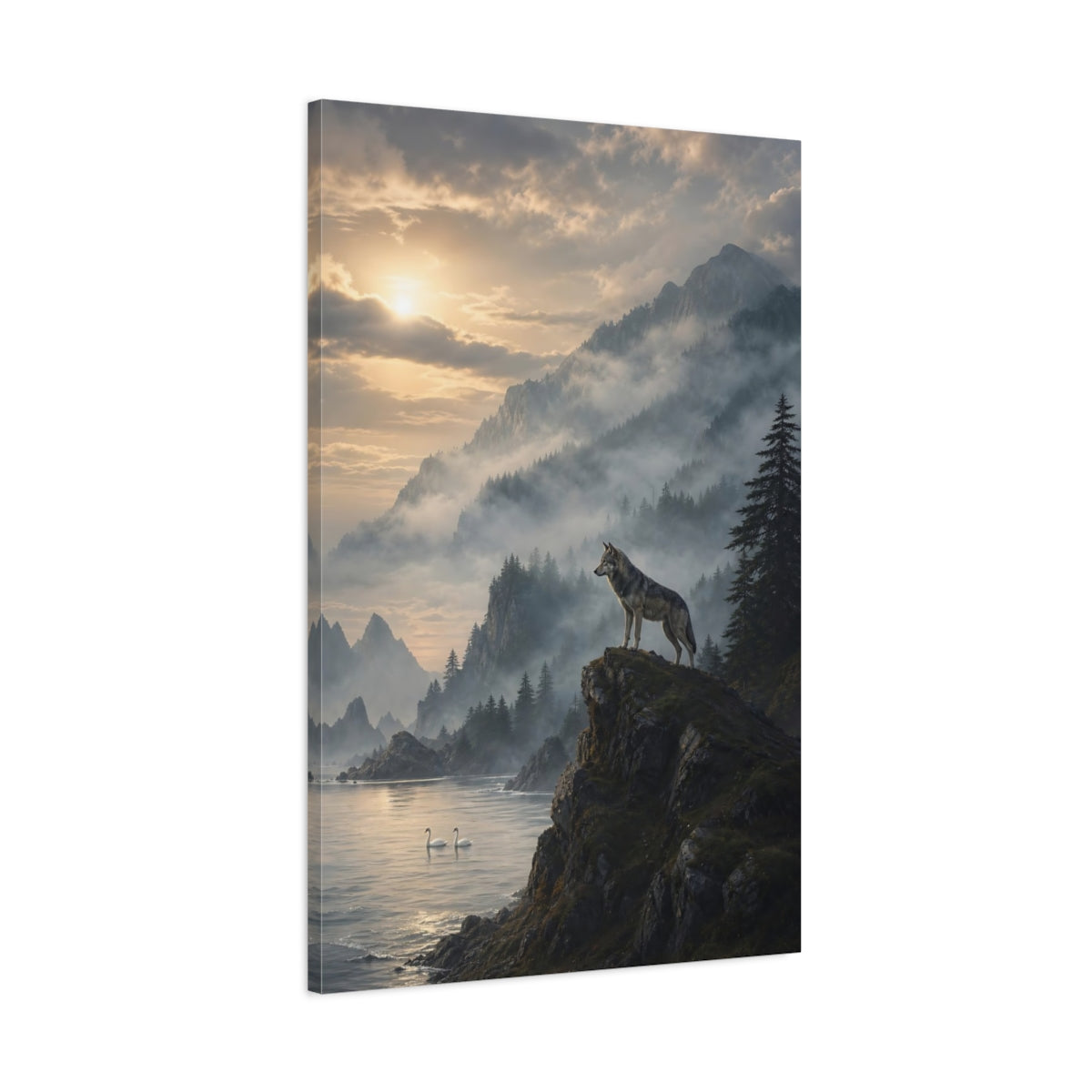 Main Mockup. Nature Wolf Misty Mountain shown as stretched canvas wall art