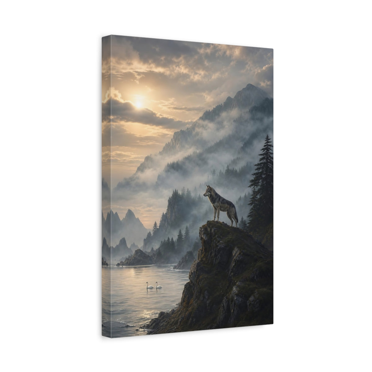 Side Mockup 4. Nature Wolf Misty Mountain shown as stretched canvas wall art