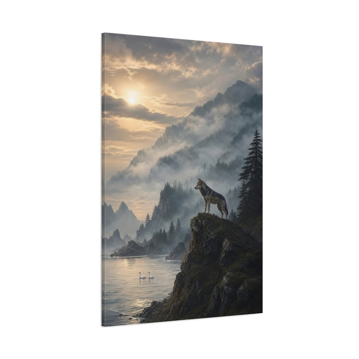 Side Mockup 1. Nature Wolf Misty Mountain shown as stretched canvas wall art