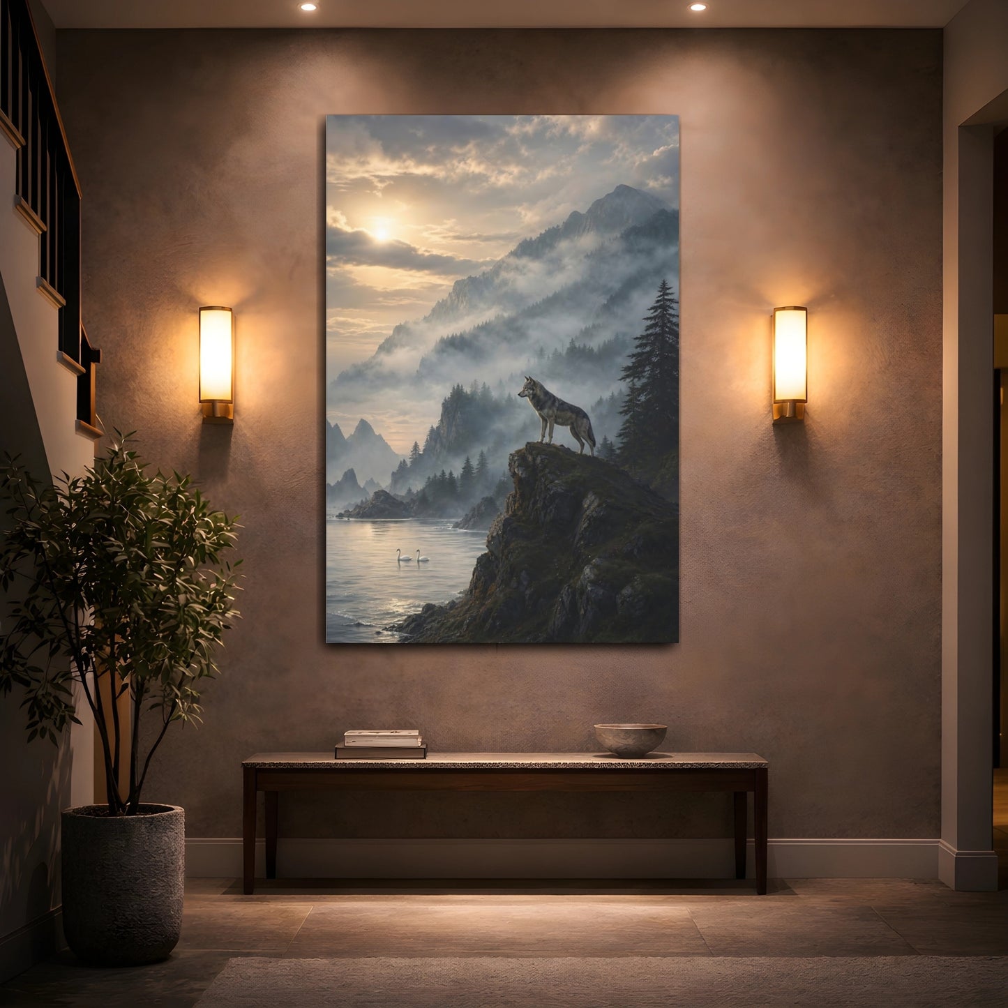 Mockup 2. Nature Wolf Misty Mountain shown as stretched canvas wall art