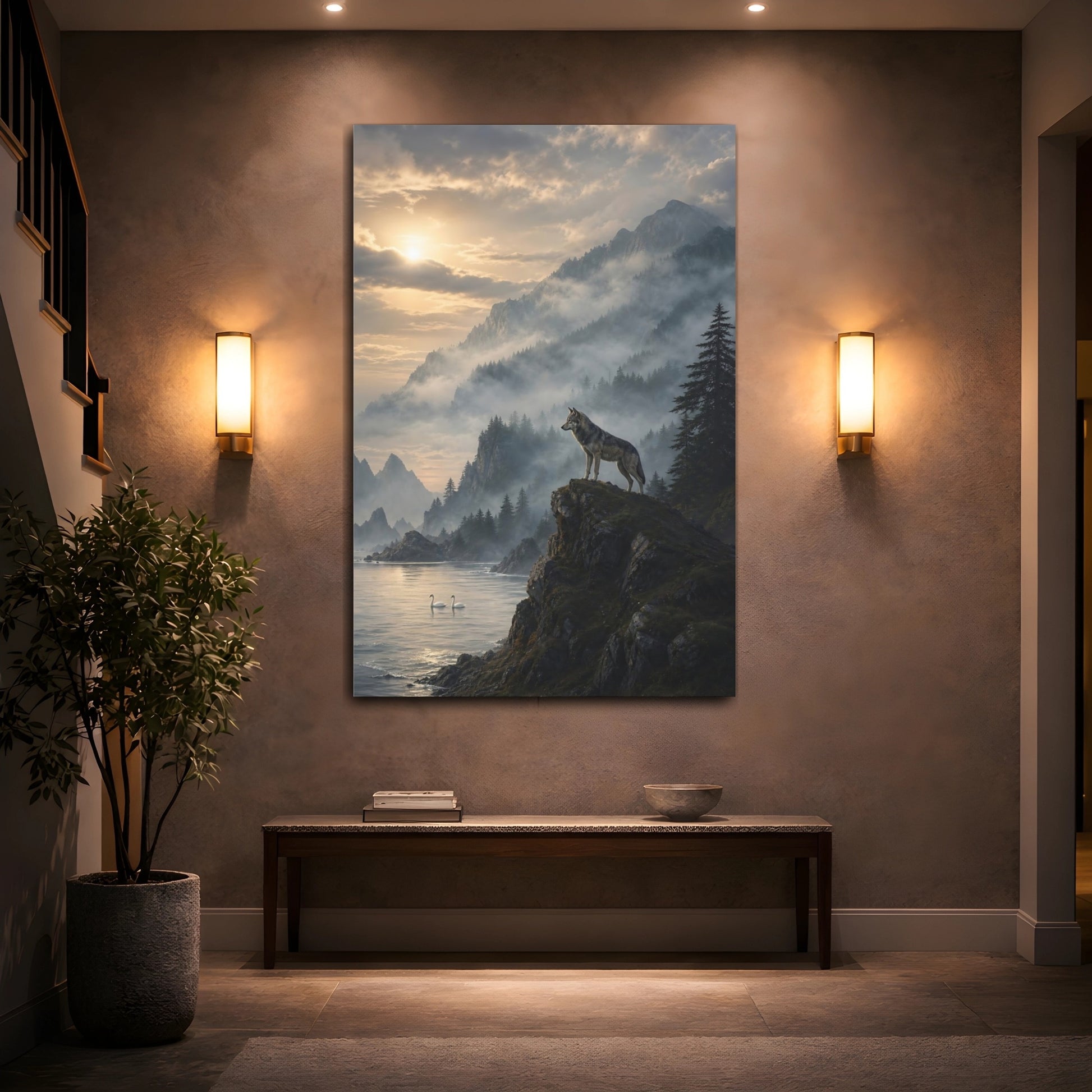 Mockup 2. Nature Wolf Misty Mountain shown as stretched canvas wall art