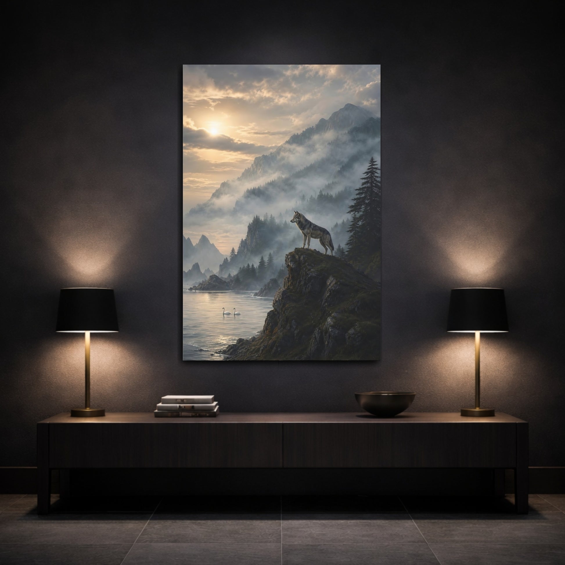 Mockup 3. Nature Wolf Misty Mountain shown as stretched canvas wall art