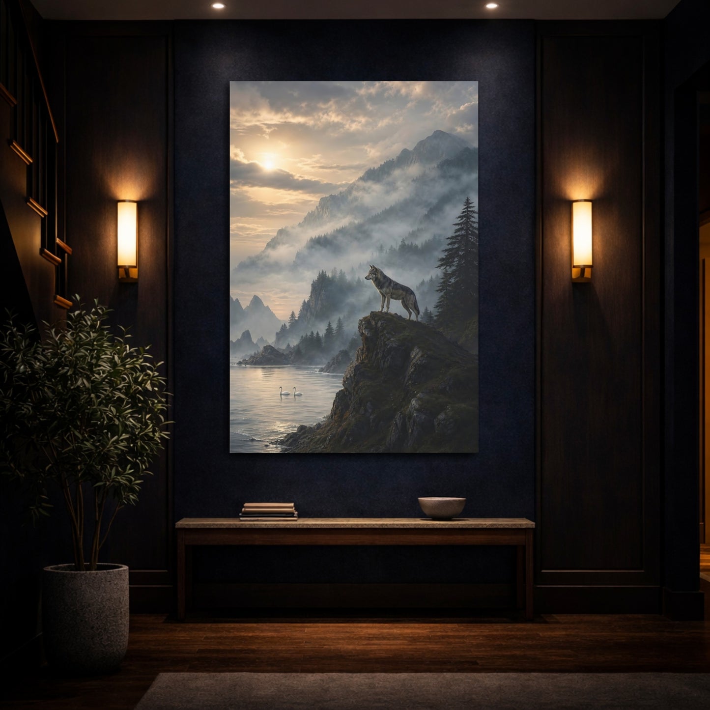 Mockup 4. Nature Wolf Misty Mountain shown as stretched canvas wall art