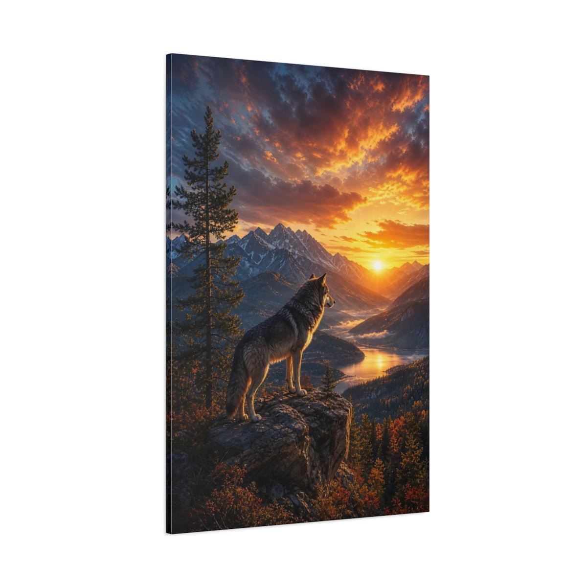 Side Mockup 1. Nature Wolf Wolf Mountain Sunset shown as stretched canvas wall art