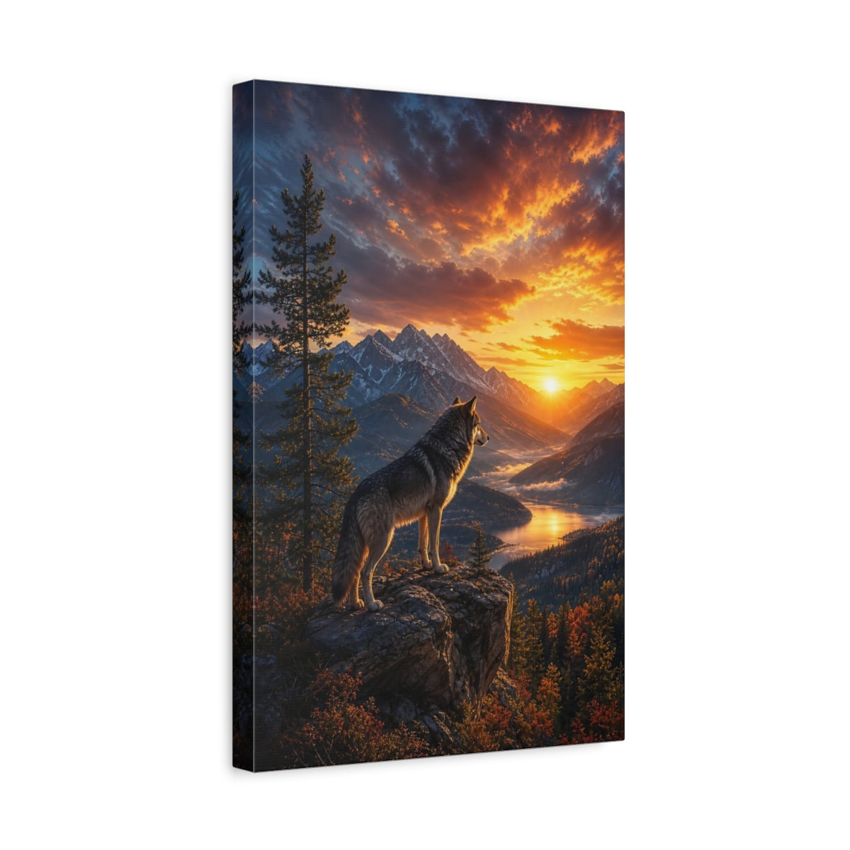 Side Mockup 4. Nature Wolf Wolf Mountain Sunset shown as stretched canvas wall art