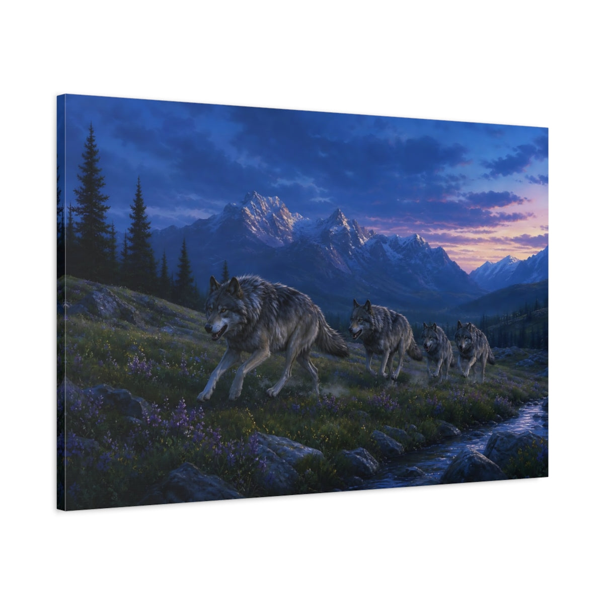 Main Mockup. Nature Wolf Pack Blue Purple Landscape shown as stretched canvas wall art