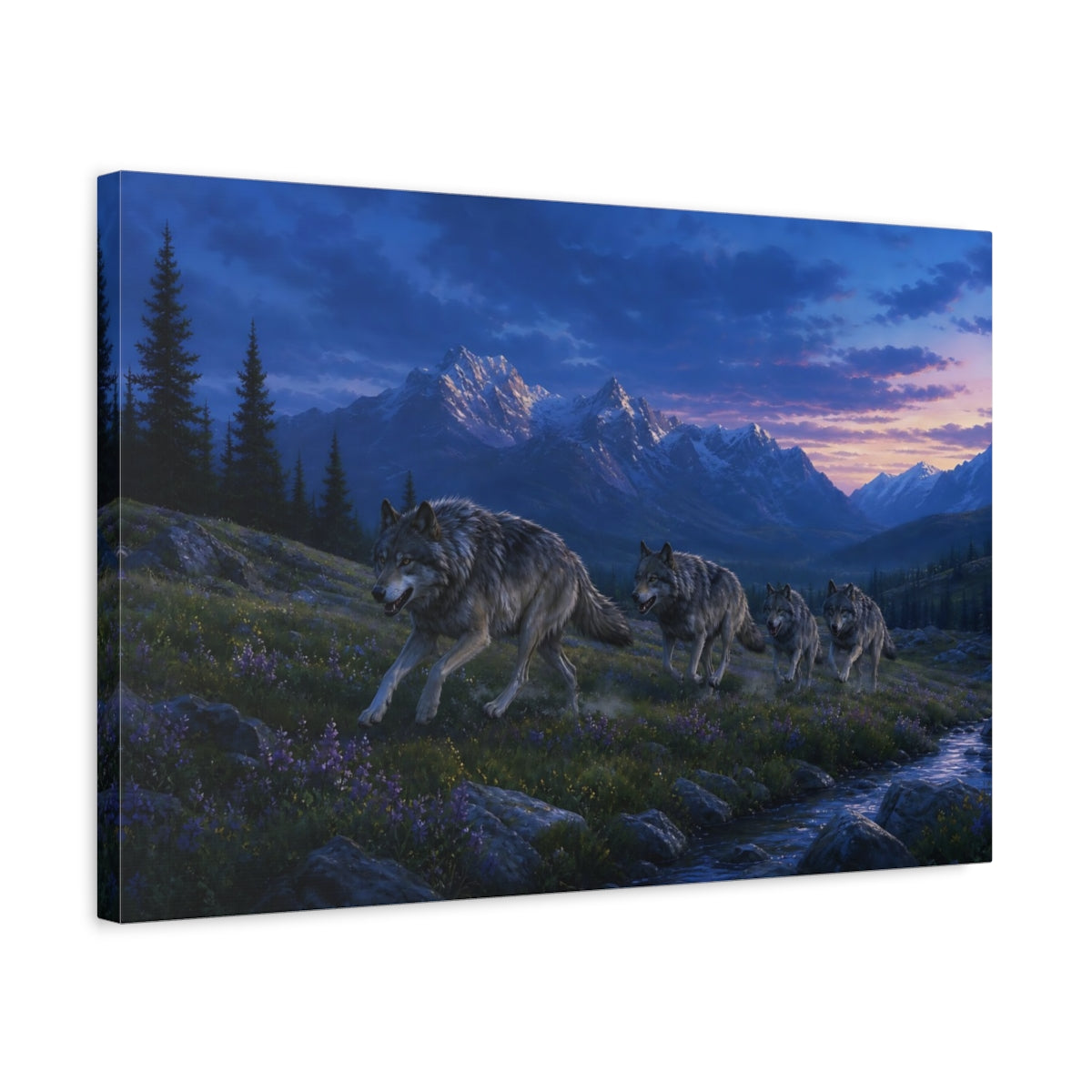 Side Mockup 3. Nature Wolf Pack Blue Purple Landscape shown as stretched canvas wall art