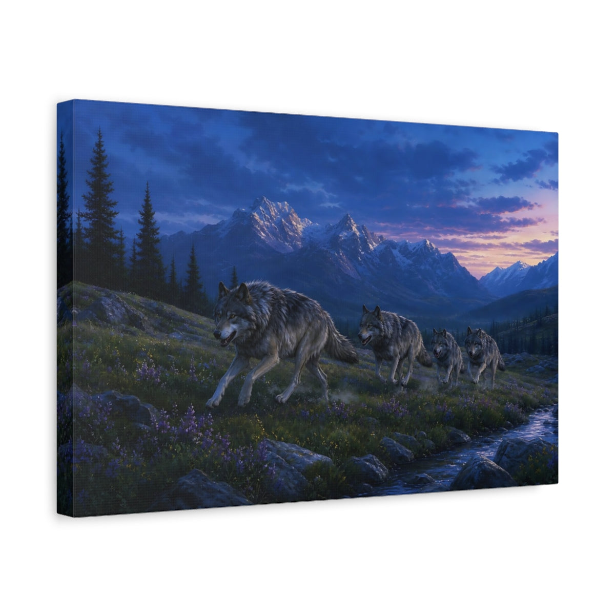 Side Mockup 4. Nature Wolf Pack Blue Purple Landscape shown as stretched canvas wall art