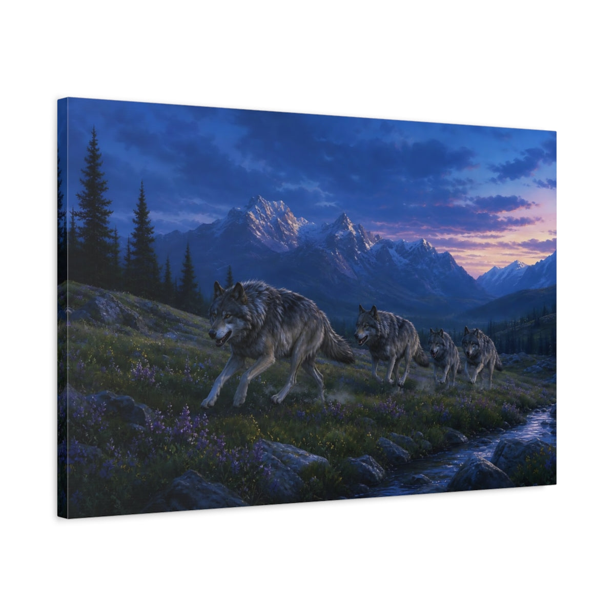 Side Mockup 2. Nature Wolf Pack Blue Purple Landscape shown as stretched canvas wall art