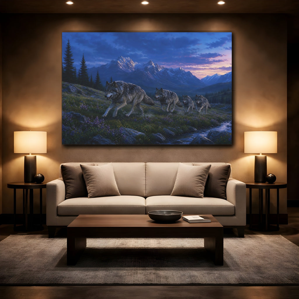 Mockup 2. Nature Wolf Pack Blue Purple Landscape shown as stretched canvas wall art