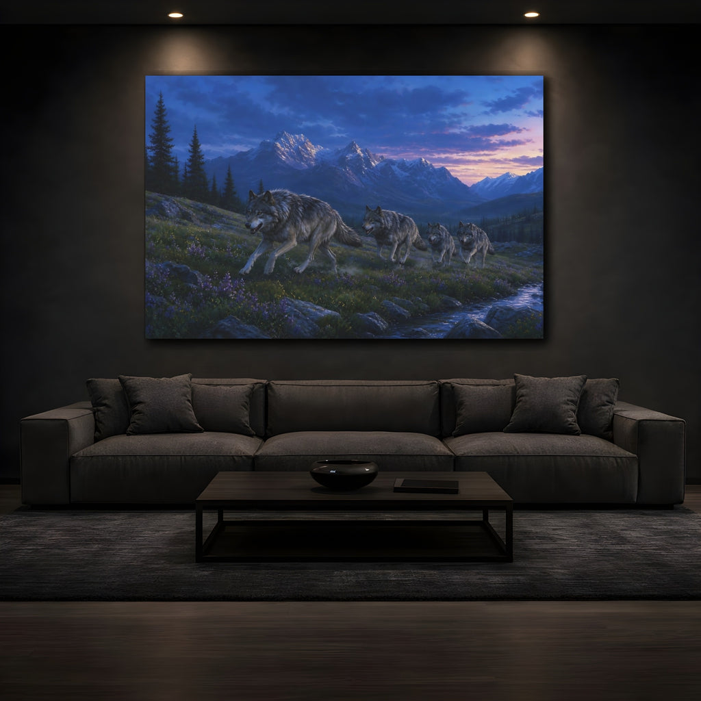 Mockup 3. Nature Wolf Pack Blue Purple Landscape shown as stretched canvas wall art