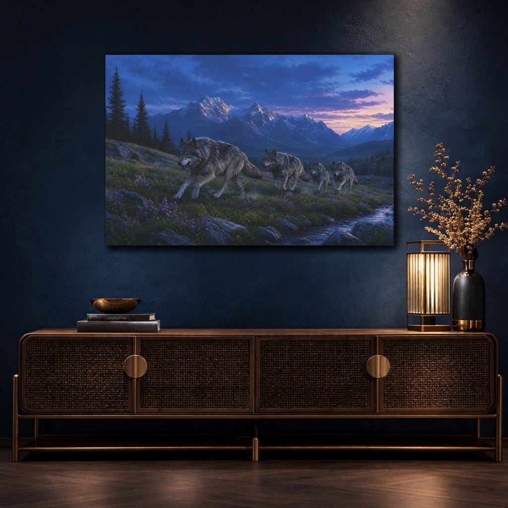 Mockup 4. Nature Wolf Pack Blue Purple Landscape shown as stretched canvas wall art