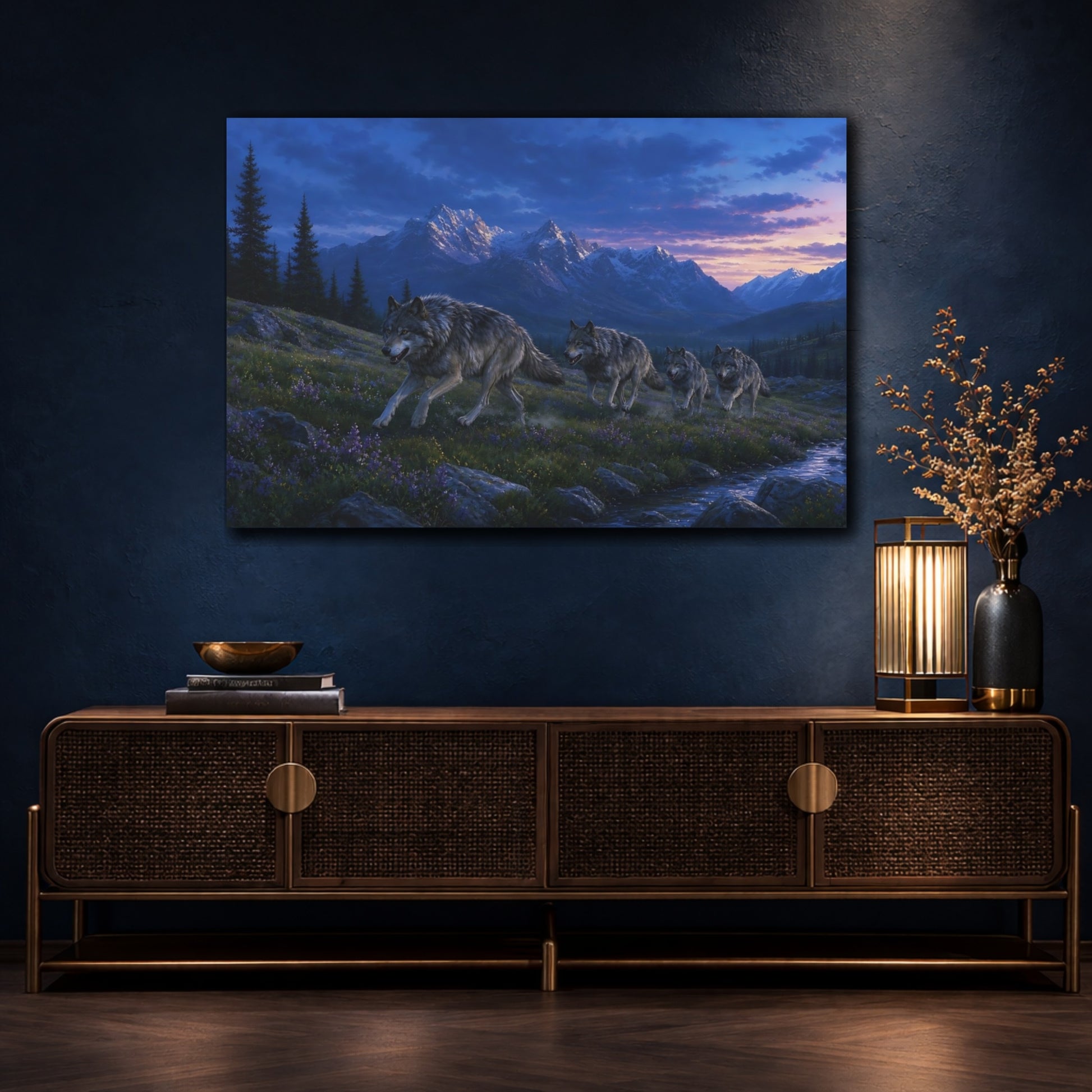 Mockup 4. Nature Wolf Pack Blue Purple Landscape shown as stretched canvas wall art