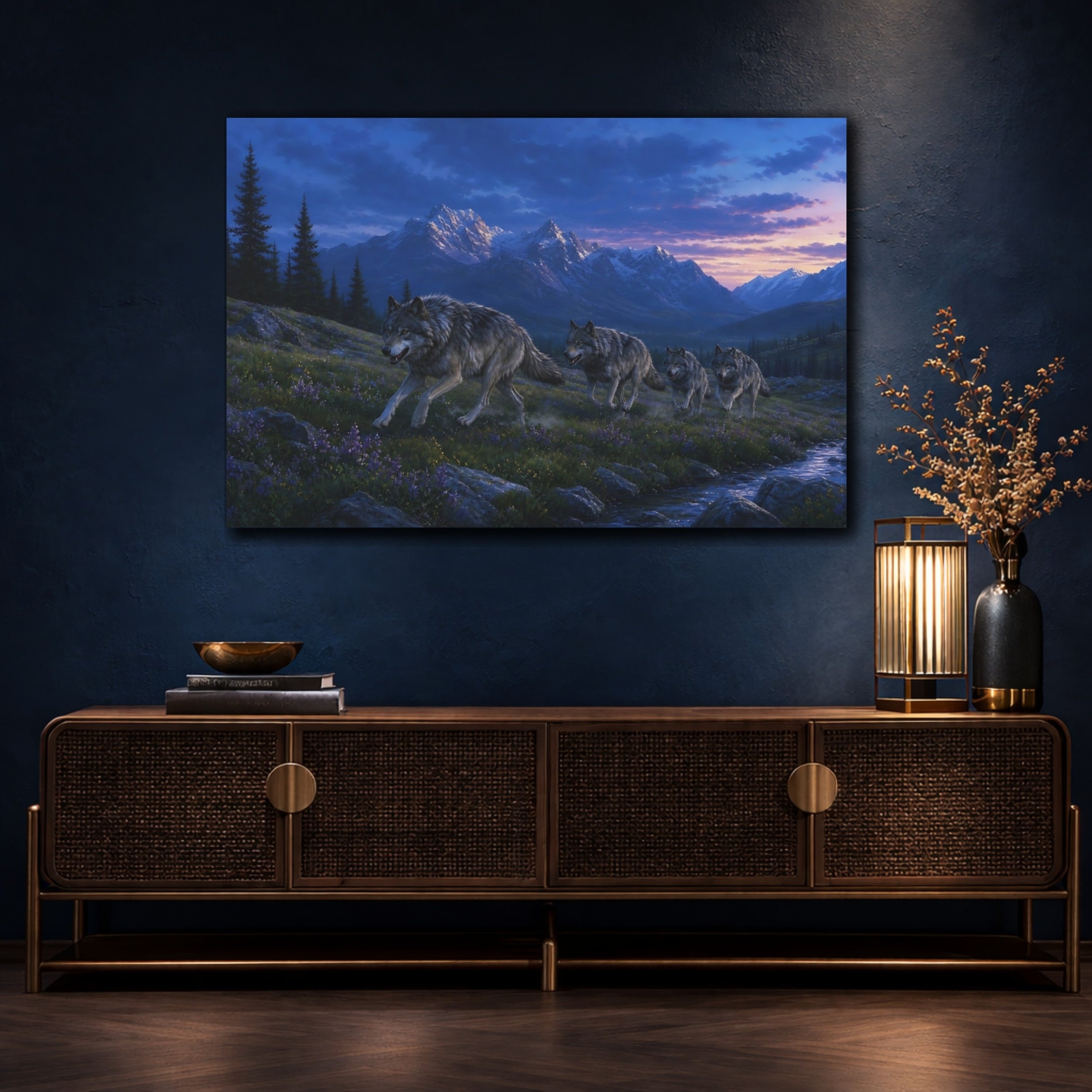 Mockup 4. Nature Wolf Pack Blue Purple Landscape shown as stretched canvas wall art