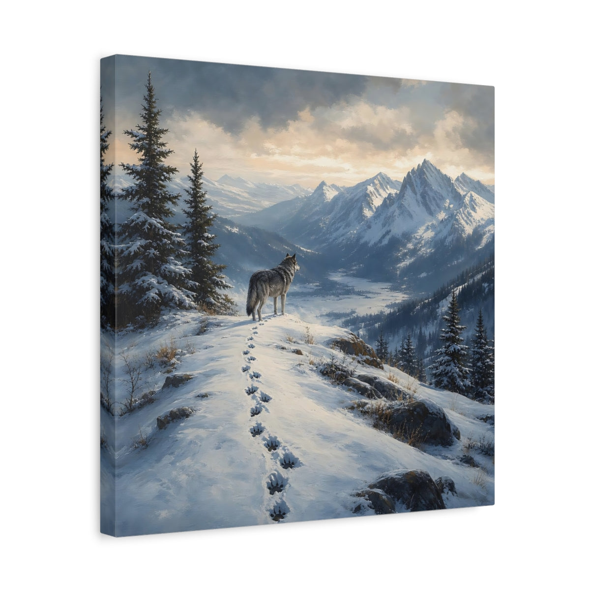Side Mockup 6. Nature Wolf Winter Mountain Wolf shown as stretched canvas wall art