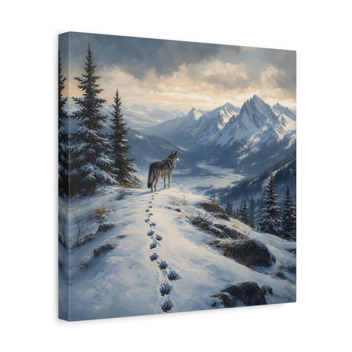 Side Mockup 7. Nature Wolf Winter Mountain Wolf shown as stretched canvas wall art