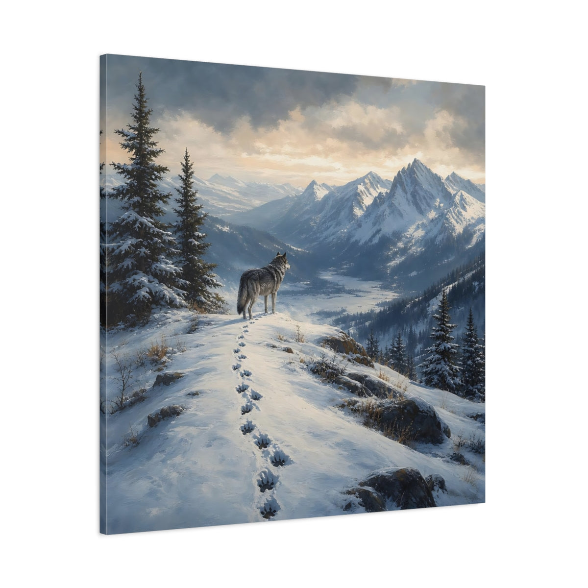Side Mockup 1. Nature Wolf Winter Mountain Wolf shown as stretched canvas wall art
