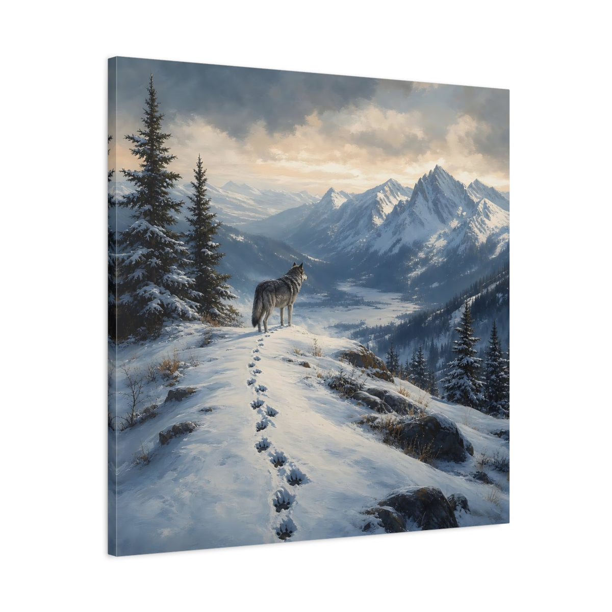 Side Mockup 3. Nature Wolf Winter Mountain Wolf shown as stretched canvas wall art