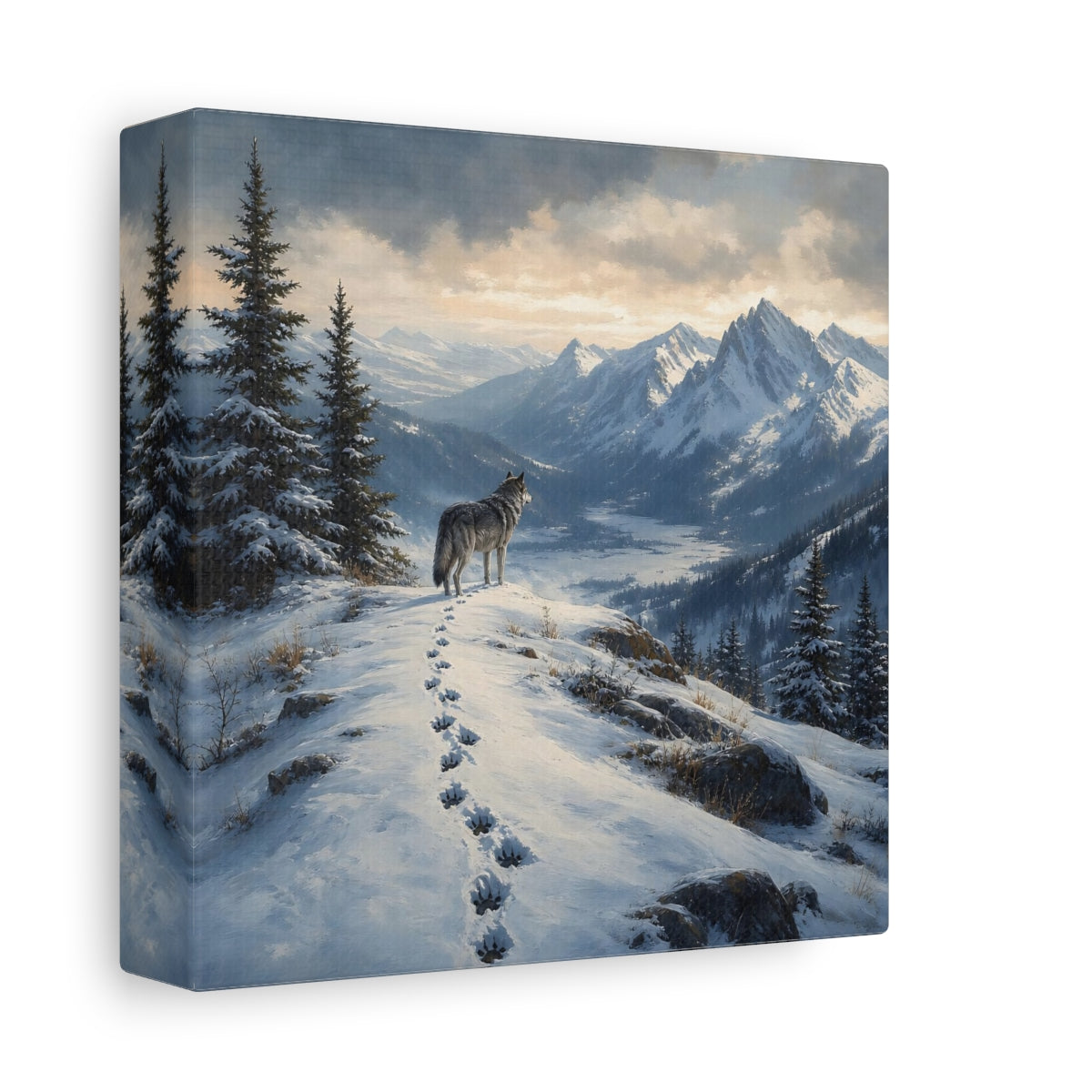 Side Mockup 2. Nature Wolf Winter Mountain Wolf shown as stretched canvas wall art