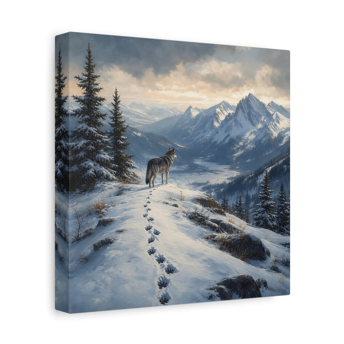 Side Mockup 9. Nature Wolf Winter Mountain Wolf shown as stretched canvas wall art