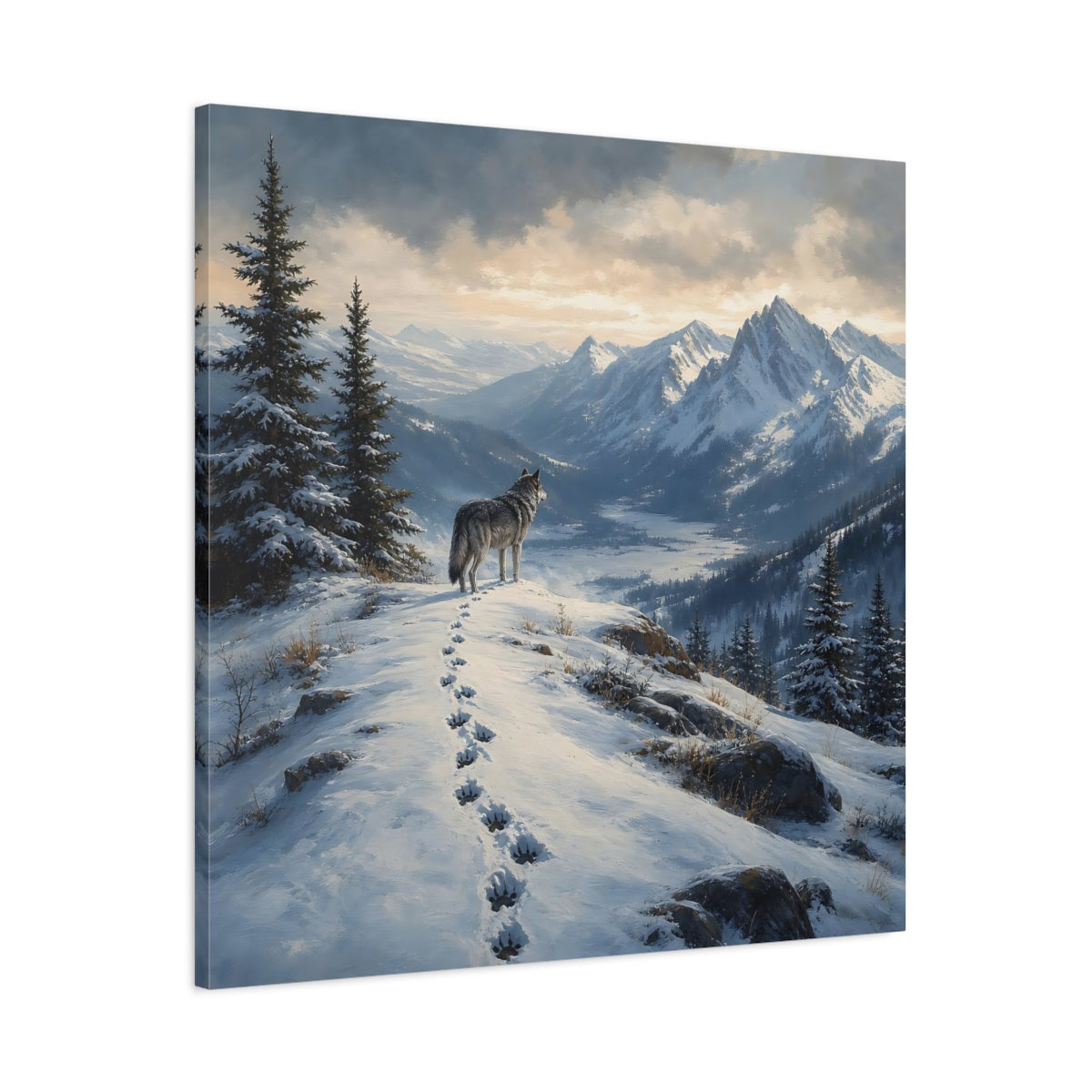 Main Mockup. Nature Wolf Winter Mountain Wolf shown as stretched canvas wall art