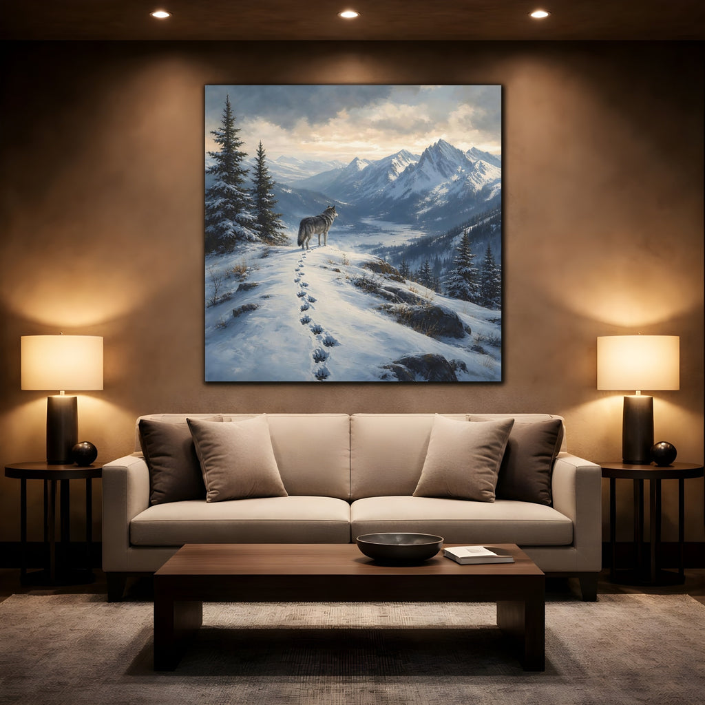 Mockup 2. Nature Wolf Winter Mountain Wolf shown as stretched canvas wall art