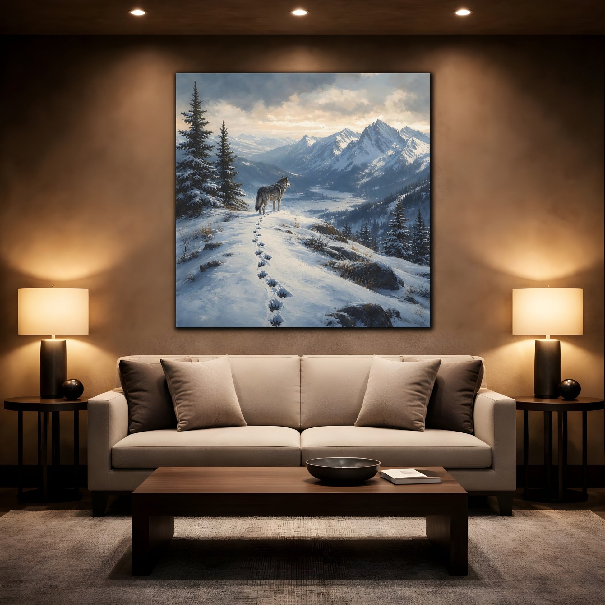 Mockup 2. Nature Wolf Winter Mountain Wolf shown as stretched canvas wall art