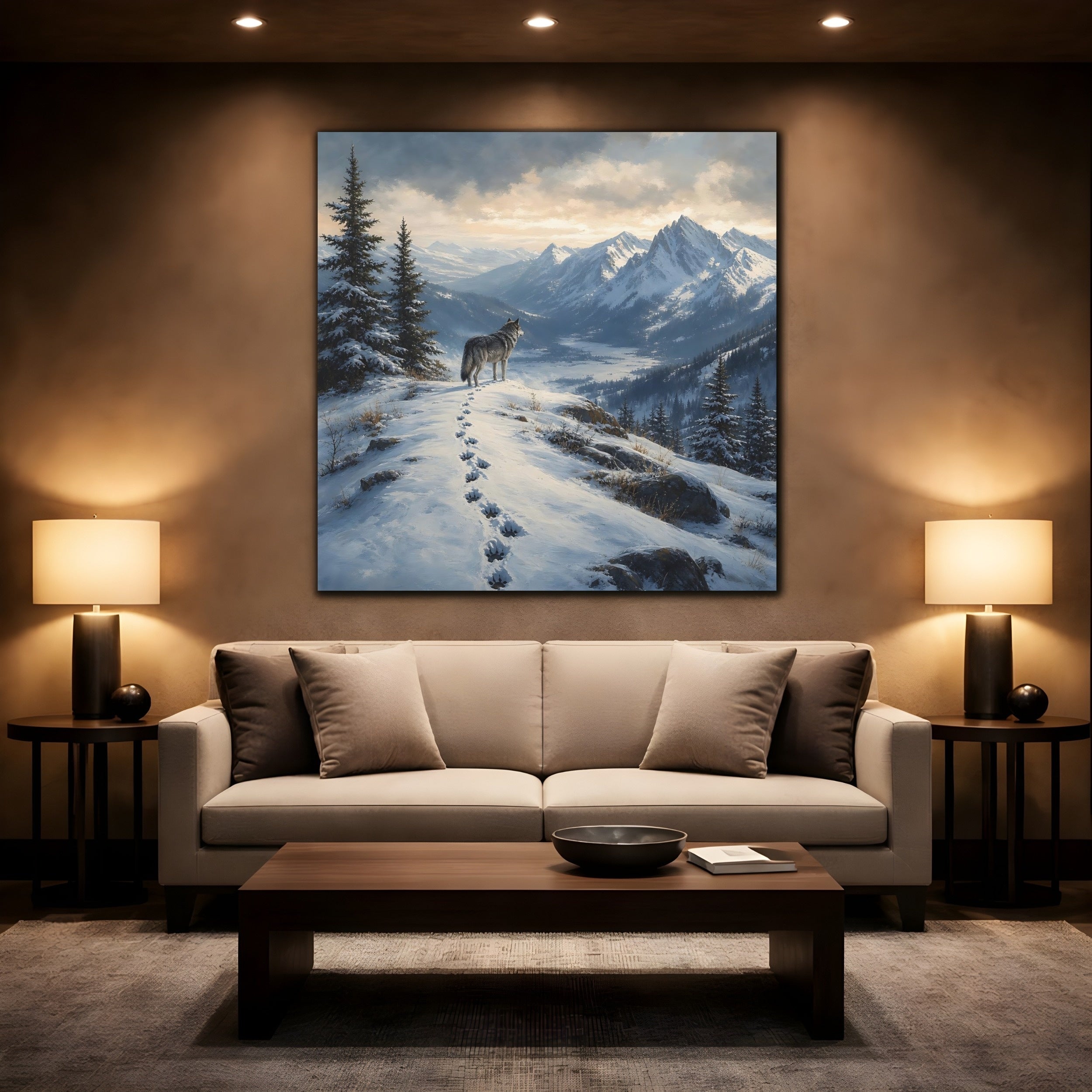 Mockup 2. Nature Wolf Winter Mountain Wolf shown as stretched canvas wall art