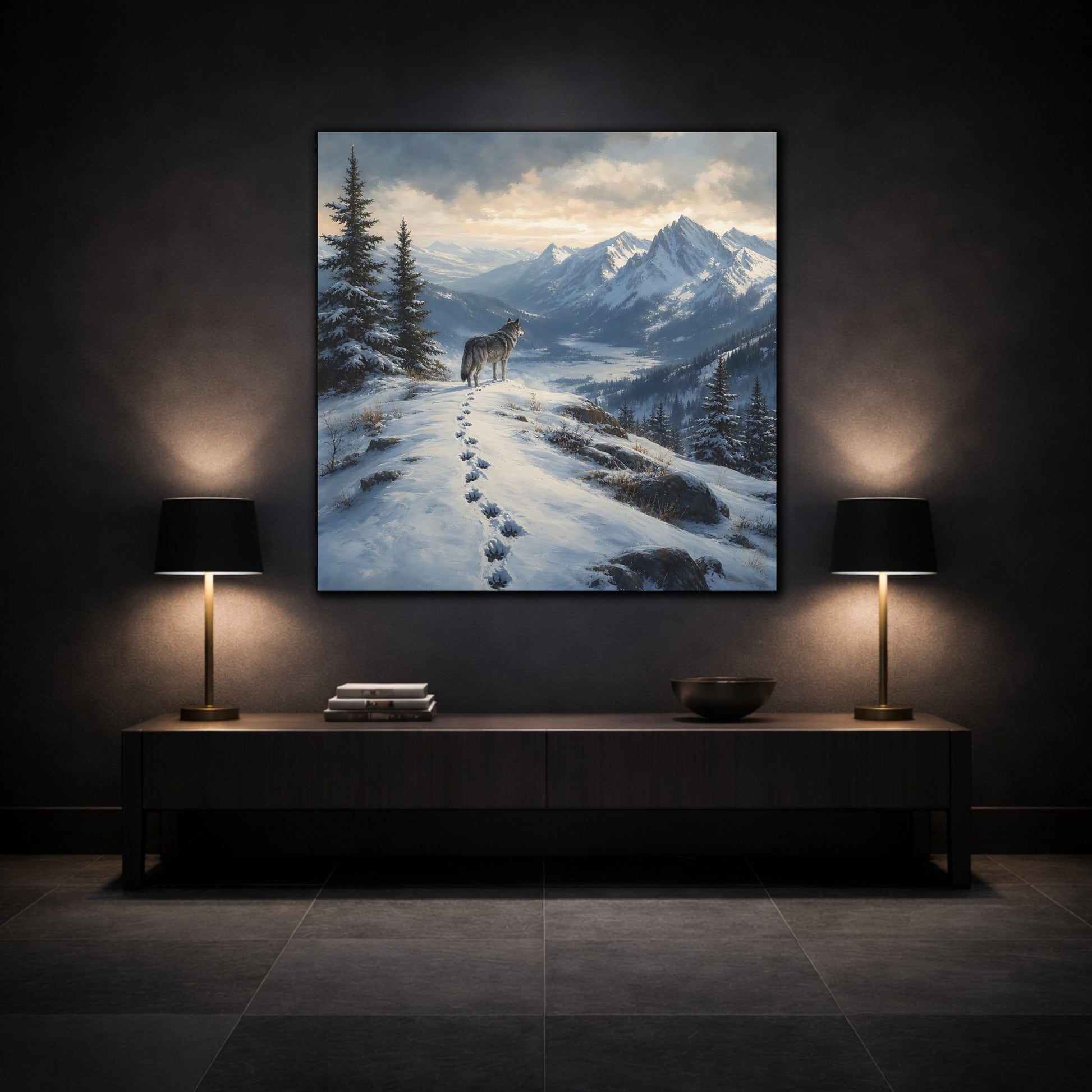 Mockup 3. Nature Wolf Winter Mountain Wolf shown as stretched canvas wall art