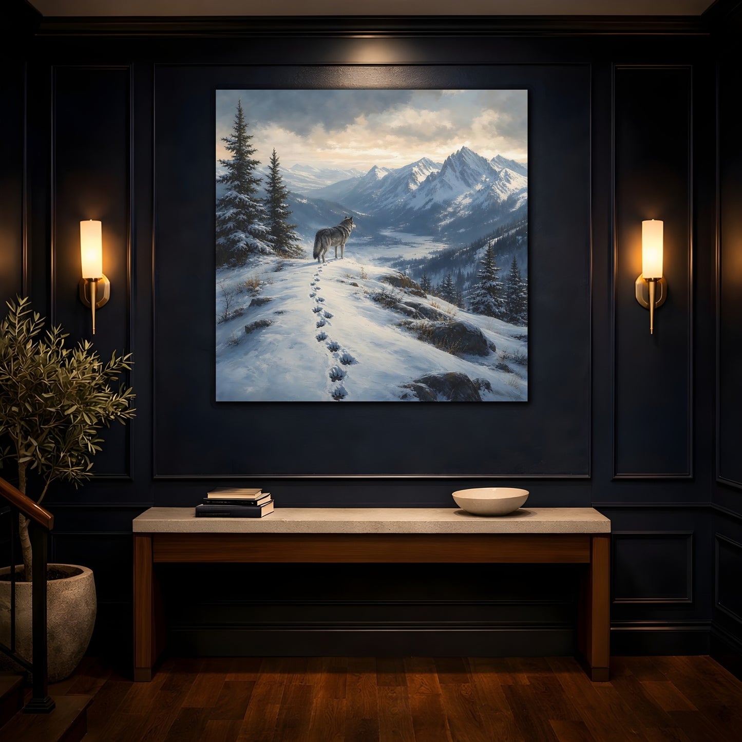 Mockup 4. Nature Wolf Winter Mountain Wolf shown as stretched canvas wall art